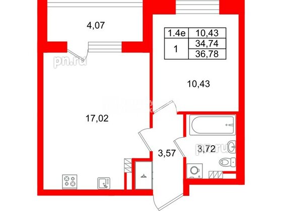 Квартира в ЖК «Парадный ансамбль», 1 комнатная, 34.74 м², 5 этаж