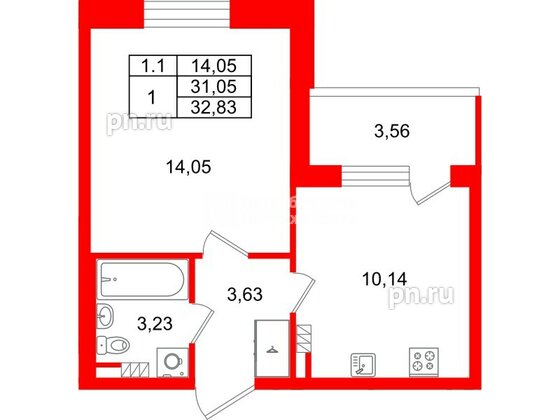 Квартира в ЖК «Парадный ансамбль», 1 комнатная, 31.05 м², 5 этаж