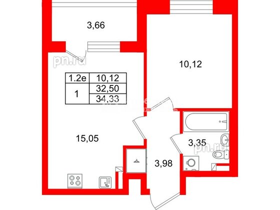 Квартира в ЖК «Парадный ансамбль», 1 комнатная, 32.5 м², 3 этаж