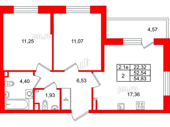 Квартира в ЖК «Парадный ансамбль», 2 комнатная, 52.54 м², 2 этаж