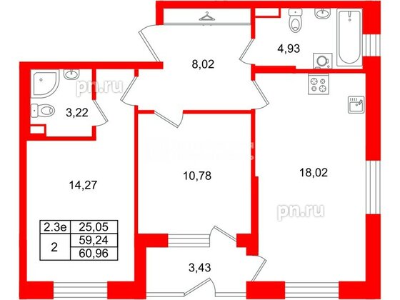 Квартира в ЖК «Парадный ансамбль», 2 комнатная, 59.24 м², 1 этаж