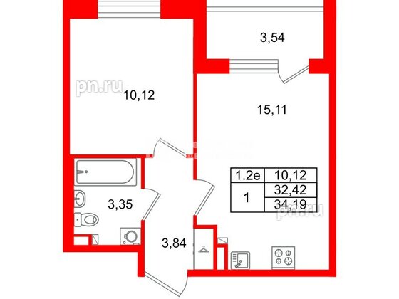 Квартира в ЖК «Парадный ансамбль», 1 комнатная, 32.42 м², 3 этаж