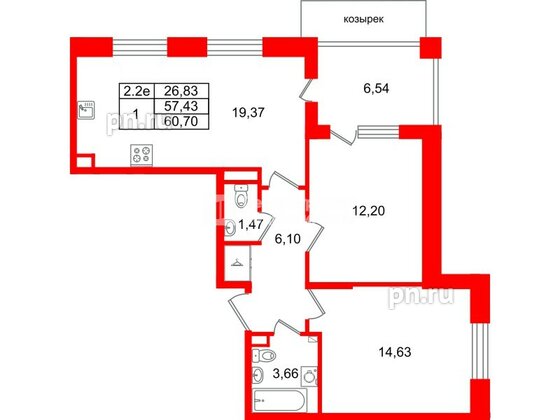Квартира в ЖК «Парадный ансамбль», 2 комнатная, 57.43 м², 2 этаж