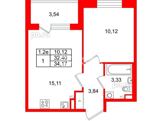 Квартира в ЖК «Парадный ансамбль», 1 комнатная, 32.4 м², 2 этаж