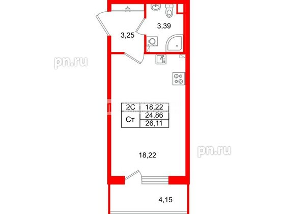Квартира в ЖК «Парадный ансамбль», студия, 24.86 м², 2 этаж