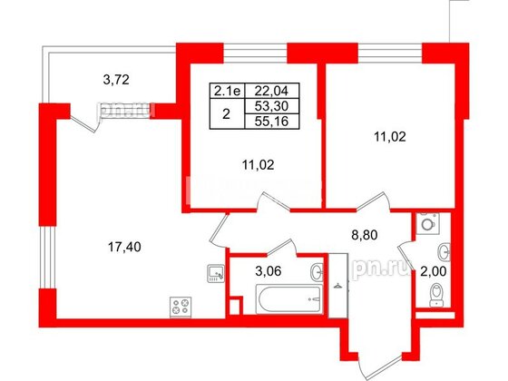 Квартира в ЖК «Парадный ансамбль», 2 комнатная, 53.3 м², 2 этаж