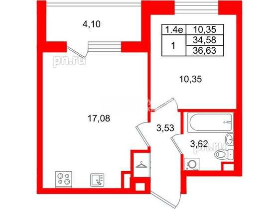 Квартира в ЖК «Парадный ансамбль», 1 комнатная, 34.58 м², 2 этаж