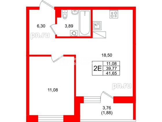 Квартира в ЖК «Город спутник Южный», 1 комнатная, 41.65 м², 8 этаж