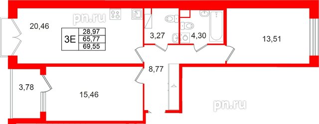 Квартира в ЖК Дом на Курской, 2 комнатная, 65.77 м², 10 этаж