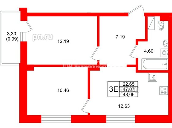 Квартира в ЖК «Город спутник Южный», 2 комнатная, 48.06 м², 4 этаж