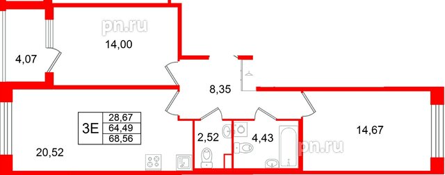 Квартира в ЖК Дом на Курской, 2 комнатная, 64.49 м², 2 этаж