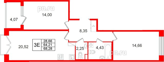Квартира в ЖК Дом на Курской, 2 комнатная, 64.21 м², 3 этаж