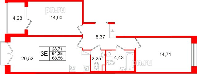 Квартира в ЖК Дом на Курской, 2 комнатная, 64.28 м², 4 этаж