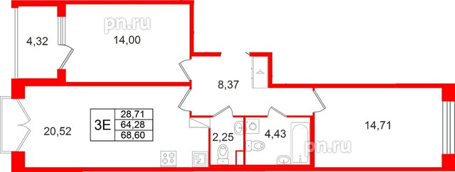 Квартира в ЖК Дом на Курской, 2 комнатная, 64.28 м², 7 этаж