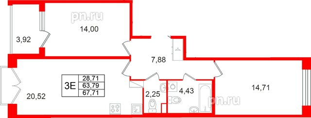 Квартира в ЖК Дом на Курской, 2 комнатная, 63.79 м², 8 этаж