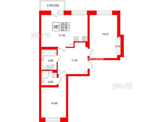 Квартира в ЖК «Город спутник Южный», 2 комнатная, 63.17 м², 5 этаж