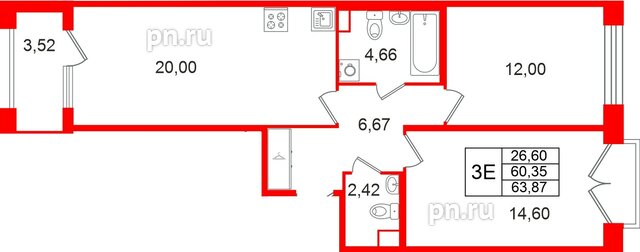 Квартира в ЖК Дом на Курской, 2 комнатная, 60.35 м², 3 этаж
