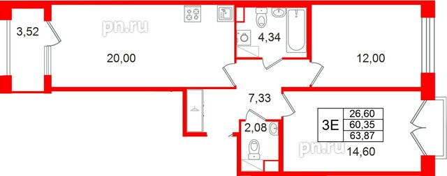 Квартира в ЖК Дом на Курской, 2 комнатная, 60.35 м², 7 этаж