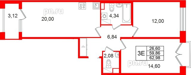 Квартира в ЖК Дом на Курской, 2 комнатная, 59.86 м², 8 этаж