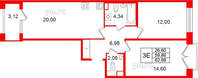 Квартира в ЖК Дом на Курской, 2 комнатная, 59.86 м², 10 этаж