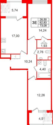 Квартира в ЖК Дом на Курской, 2 комнатная, 62.83 м², 2 этаж