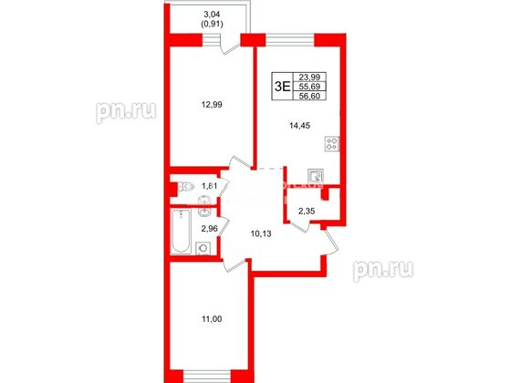 Квартира в ЖК «Город спутник Южный», 2 комнатная, 56.6 м², 2 этаж