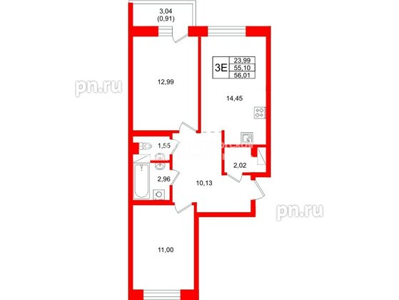 Квартира в ЖК «Город спутник Южный», 2 комнатная, 56.01 м², 4 этаж