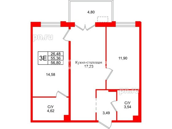 Квартира в ЖК «Тишин», 2 комнатная, 56.8 м², 2 этаж