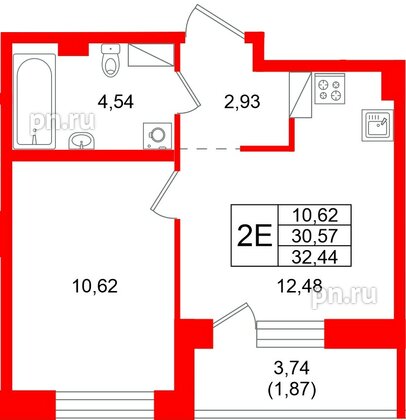 Квартира в ЖК «Город спутник Южный», 1 комнатная, 32.44 м², 7 этаж