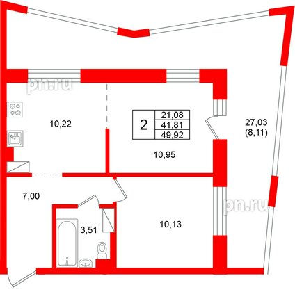 Квартира в ЖК «Город спутник Южный», 2 комнатная, 49.92 м², 7 этаж
