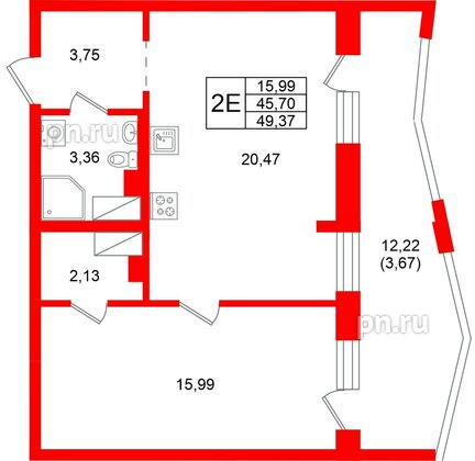 Квартира в ЖК «Город спутник Южный», 1 комнатная, 49.37 м², 9 этаж