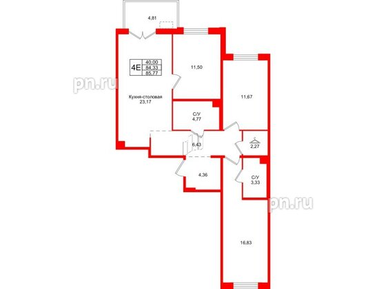 Квартира в ЖК Тишин, 3 комнатная, 85.77 м², 11 этаж