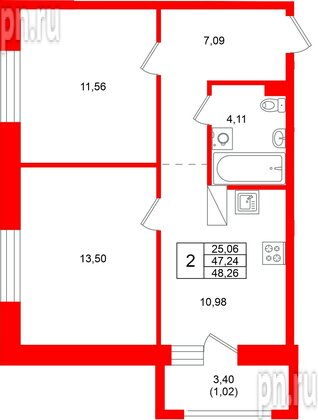 Квартира в ЖК «Город спутник Южный», 2 комнатная, 48.26 м², 7 этаж
