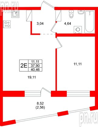 Квартира в ЖК «Город спутник Южный», 1 комнатная, 40.46 м², 7 этаж