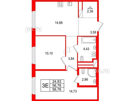 Квартира в ЖК 'OKLA', 2 комнатная, 56.76 м², 1 этаж