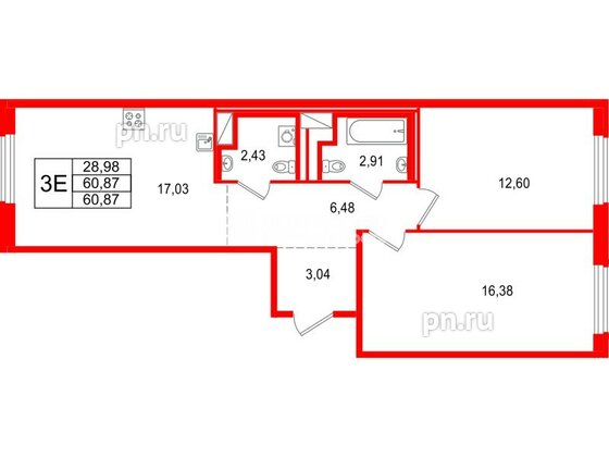 Квартира в ЖК «ОКЛА», 2 комнатная, 60.87 м², 1 этаж