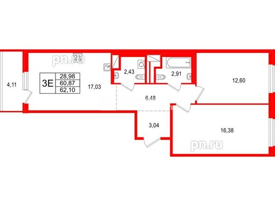 Квартира в ЖК «ОКЛА», 2 комнатная, 62.1 м², 4 этаж