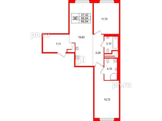 Квартира в ЖК 'OKLA', 2 комнатная, 66.84 м², 1 этаж