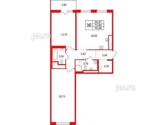 Квартира в ЖК 'OKLA', 2 комнатная, 74.06 м², 2 этаж