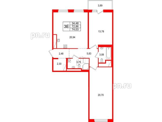 Квартира в ЖК 'OKLA', 2 комнатная, 74.03 м², 2 этаж