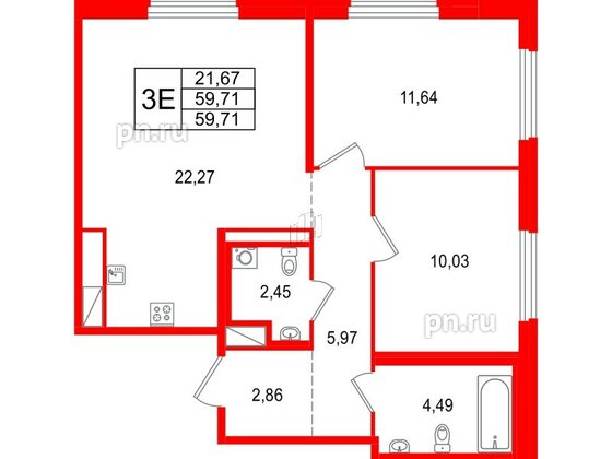 Квартира в ЖК 'OKLA', 2 комнатная, 59.71 м², 1 этаж