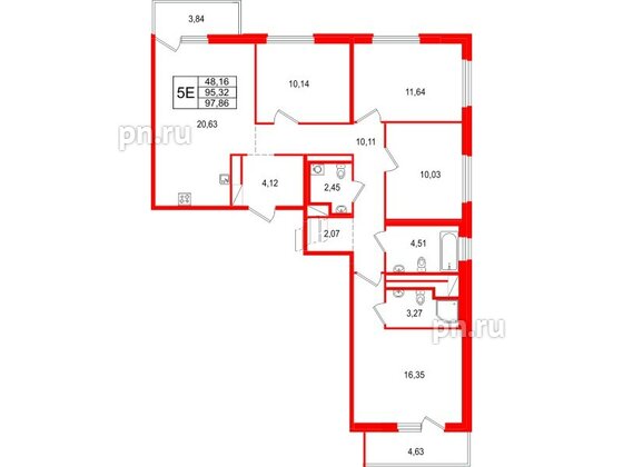 Квартира в ЖК 'OKLA', 4 комнатная, 97.86 м², 6 этаж