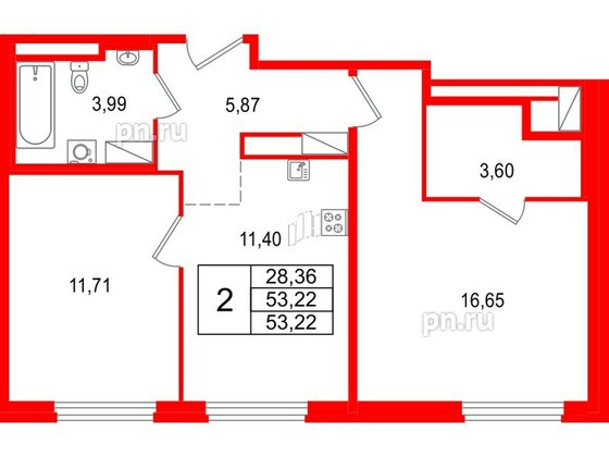 Квартира в ЖК 'OKLA', 2 комнатная, 53.22 м², 1 этаж