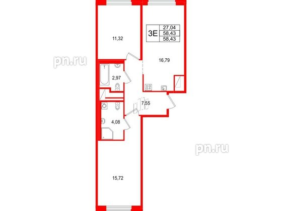 Квартира в ЖК 'OKLA', 2 комнатная, 58.43 м², 1 этаж