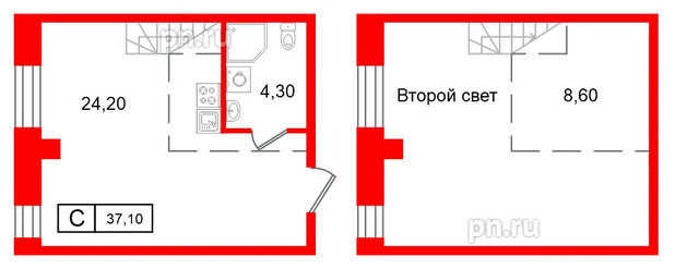 Апартаменты в ЖК Апарт-отель ФОМИН, студия, 37.1 м², 2 этаж