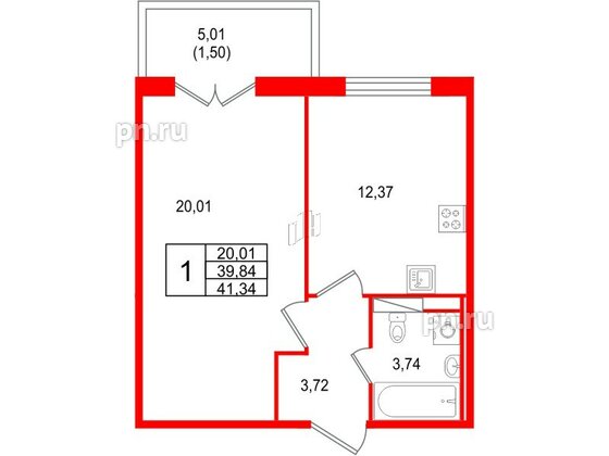 Квартира в ЖК Арт Парк, 1 комнатная, 41.34 м², 5 этаж