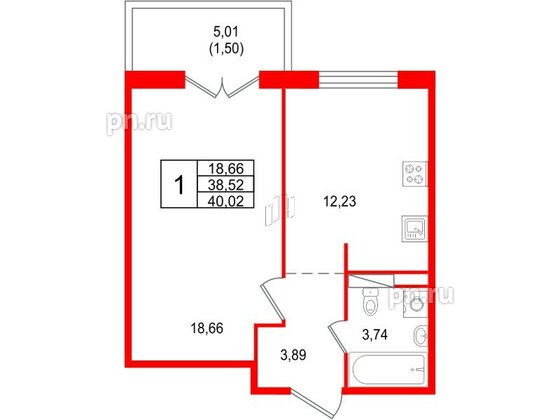 Квартира в ЖК Арт Парк, 1 комнатная, 40.02 м², 5 этаж