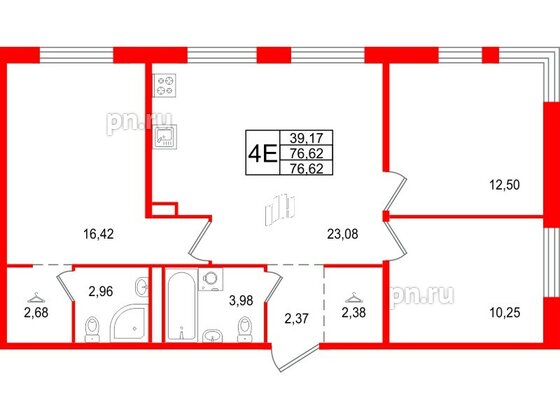 Квартира в ЖК Арт Парк, 3 комнатная, 76.62 м², 1 этаж