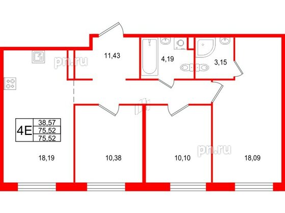 Квартира в ЖК Арт Парк, 3 комнатная, 75.52 м², 1 этаж