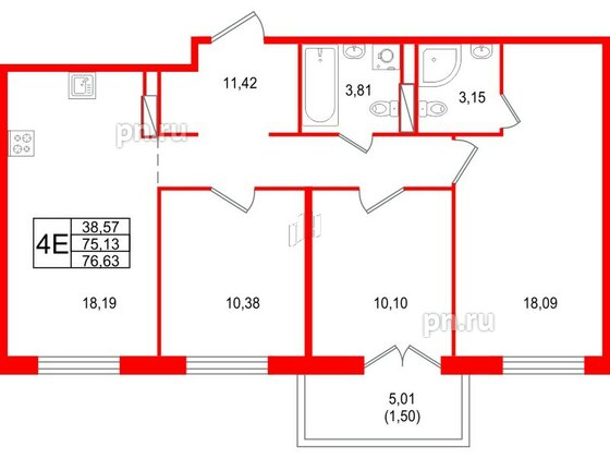 Квартира в ЖК Арт Парк, 3 комнатная, 76.63 м², 5 этаж